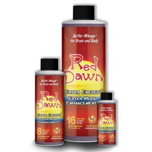 Front image of all size bottles of Red dawn energy and mood enhancement supplement liquid concentrate