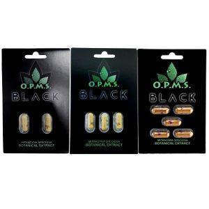 Front view image of opms black kratom extract capsules 2ct 3ct and 5ct in blister packs