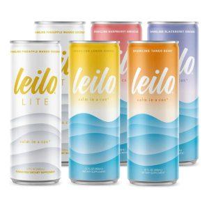 Front image of all 5 flavors of Leilo canned kava soft beverage with flavors