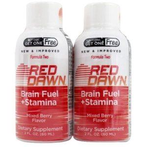 Front image of two Red dawn brain fuel + stamina energy dietary supplement shot