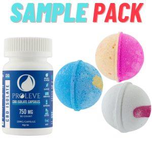Proleve CBD Self Care Sampler Pack containing 30ct 25mg CBD isolate capsules and all 3 types of CBD infused bath bombs from Proleve CBD