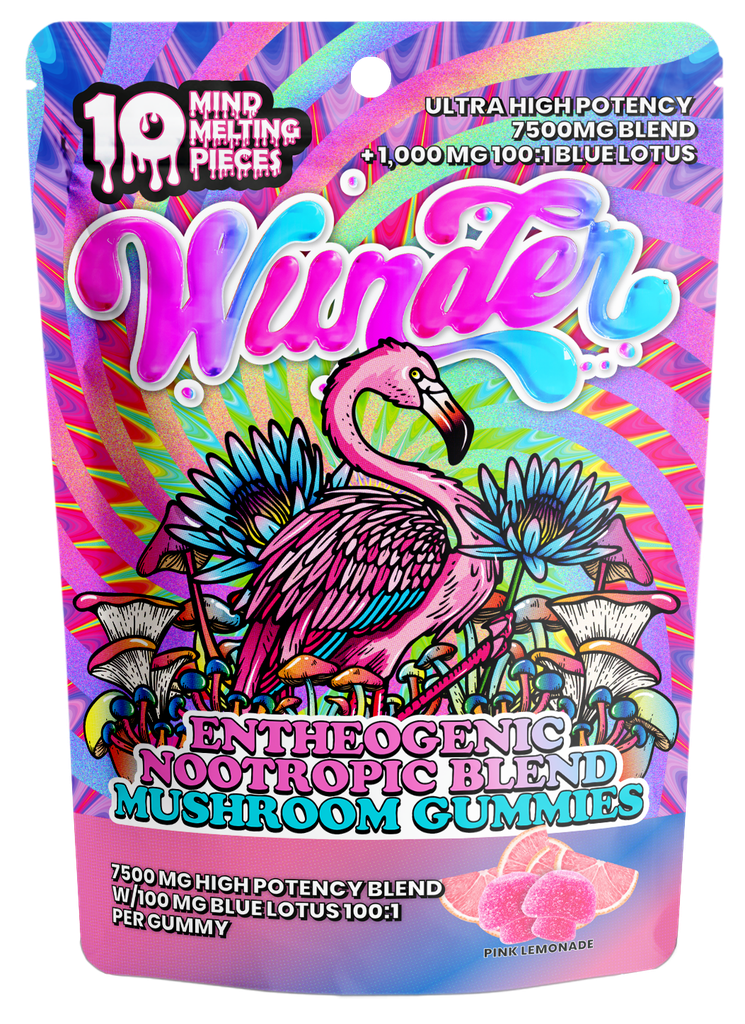 Wunder Ultra-High Potency Blend + Blue Lotus Gummies in a pink lemonade flavor, featuring a resealable bag filled with colorful, sugar-coated mushroom-shaped gummies