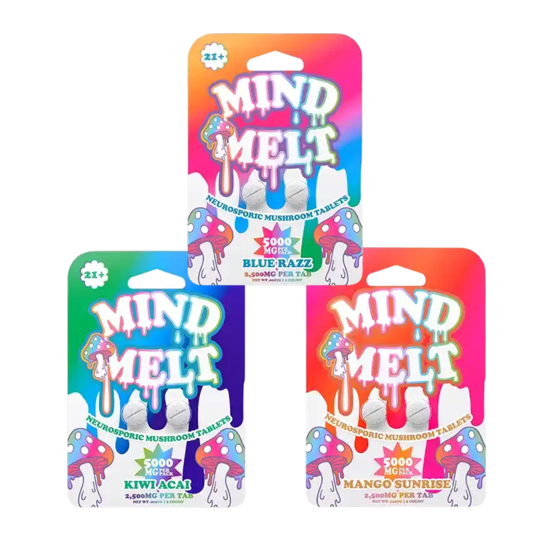 image of all three flavors of Mind-Melt-Neurosporic-Mushroom-Tablets-2ct-5000mg